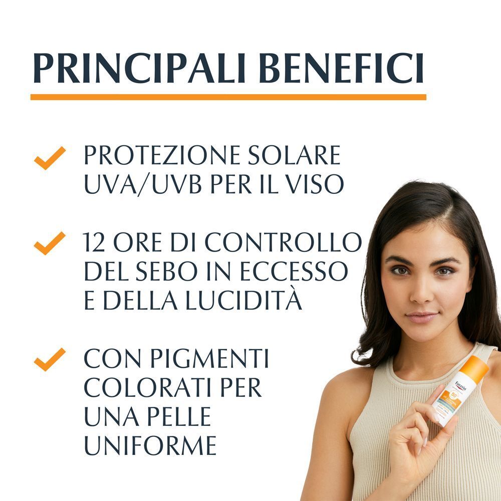 Donna tiene Eucerin Protezione Solare, SPF 50+, colorata. Benefici: Protezione UVA/UVB, controllo sebo 12h, incarnato uniforme.