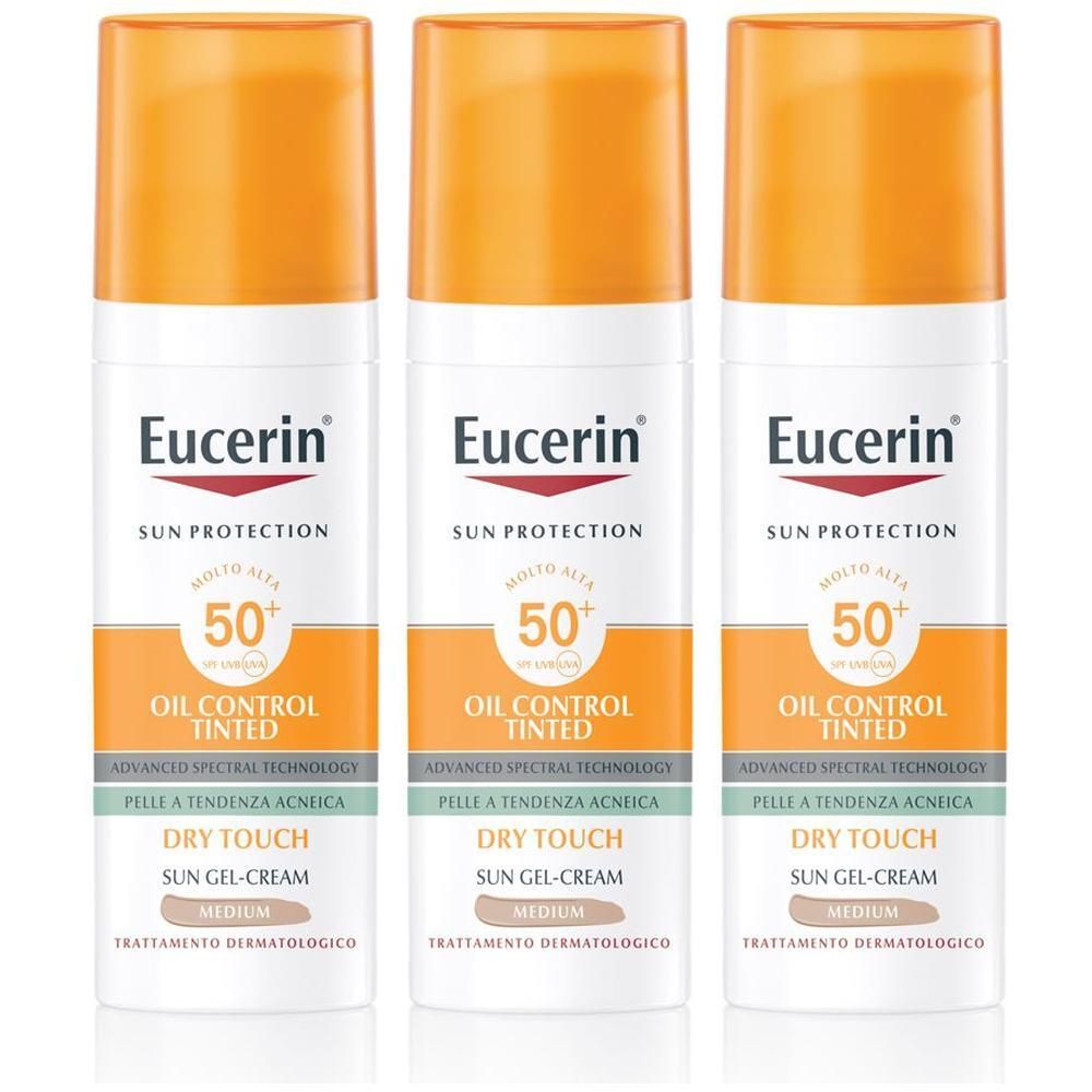 Tre tubi di crema solare Eucerin Oil Control Tinted SPF50+ tonalità media.