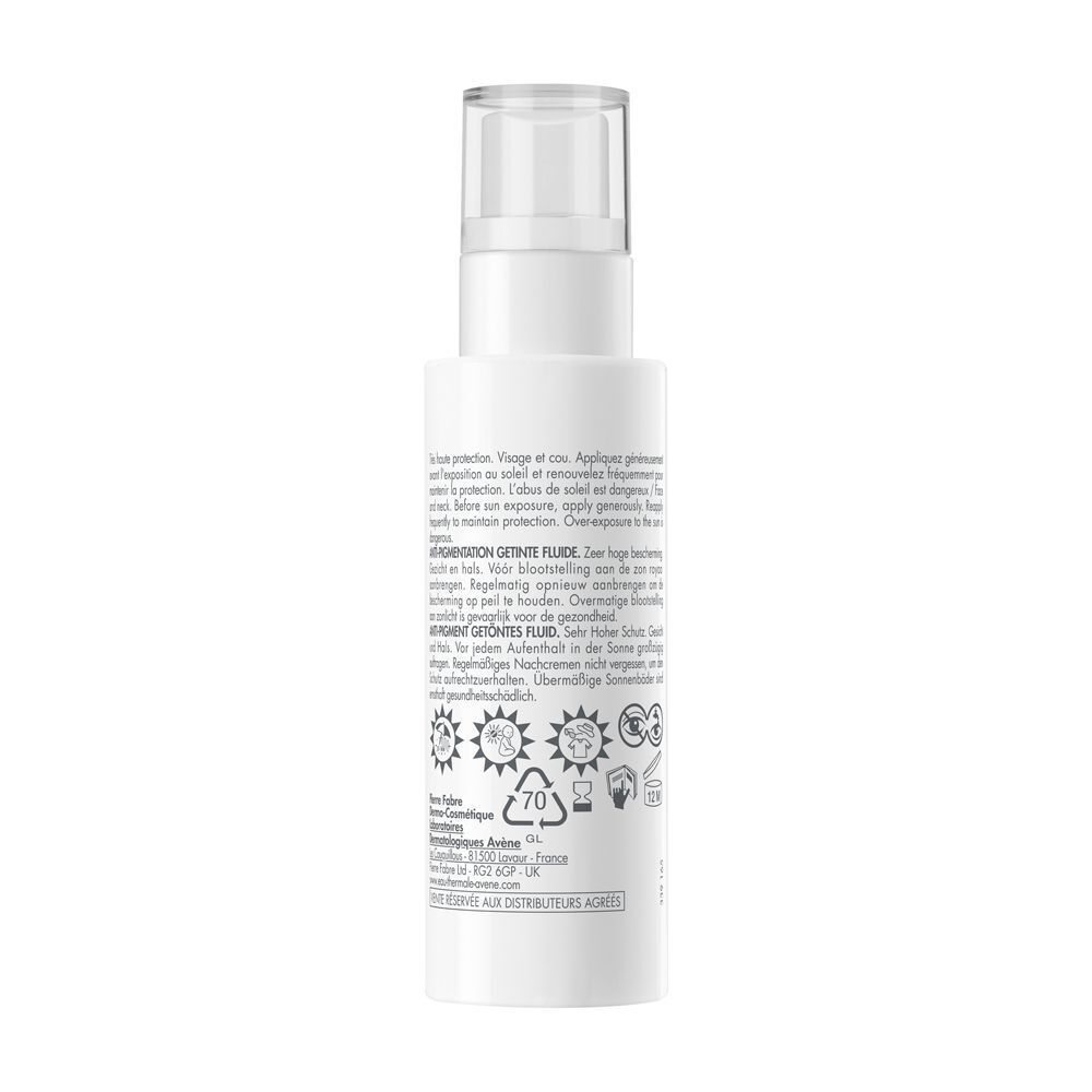 Retro di un flacone di fluido Avène SPF 50+ protezione anti-macchie.