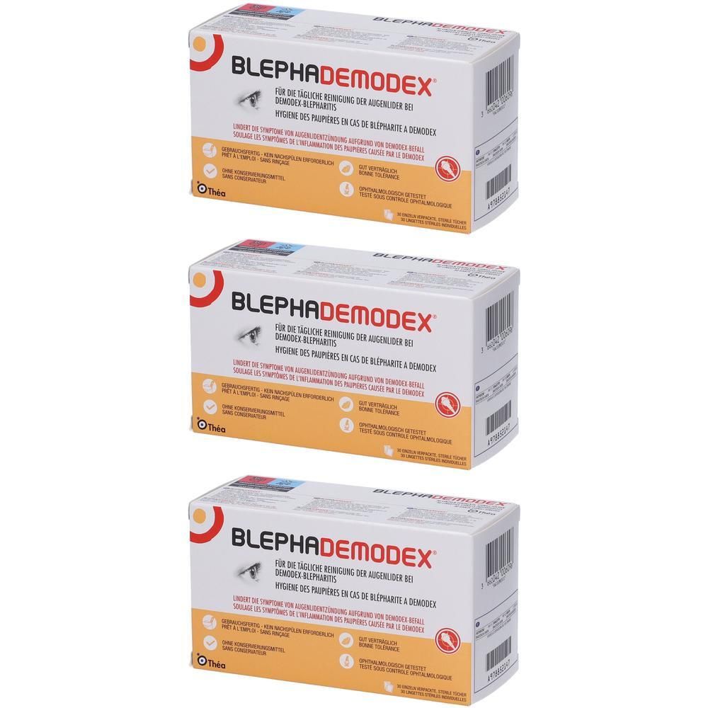 Tre confezioni di garze sterili Blephademodex, per la pulizia quotidiana delle palpebre.