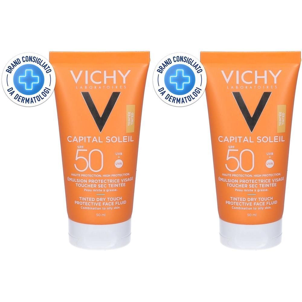 Due tubetti Vichy Capital Soleil BB Emulsione SPF 50. Tubi arancioni con tappo bianco. Sigillo consigliato dai dermatologi.