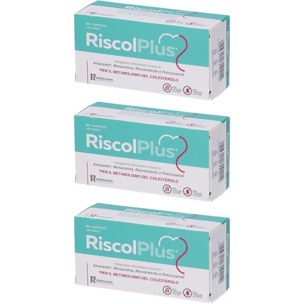 Tre confezioni di compresse Riscol Plus, bianche e turchesi.