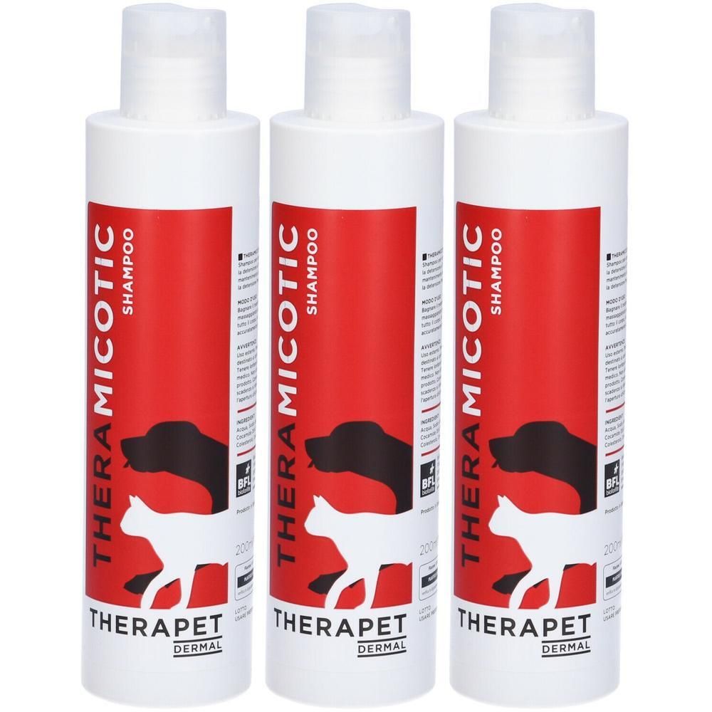 Tre flaconi di shampoo Therapet Theramicotic con illustrazioni di cane e gatto.