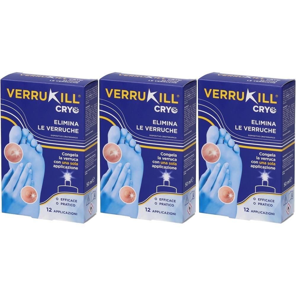 Tre confezioni Verrukill Cryo per eliminare le verruche. Mostra un piede con verruche.