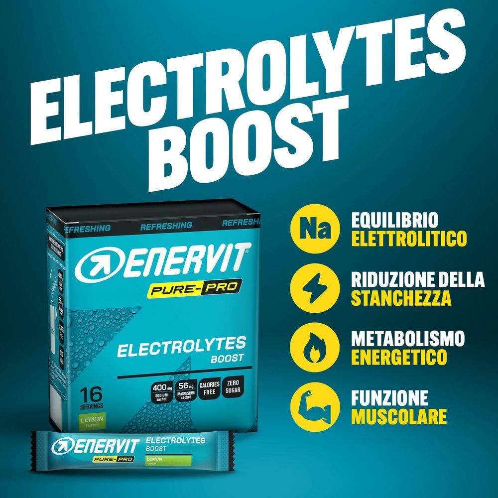 Enervit Pure-Pro Electrolytes Boost: confezione e bustina gusto limone. Per equilibrio elettrolitico ed energia.