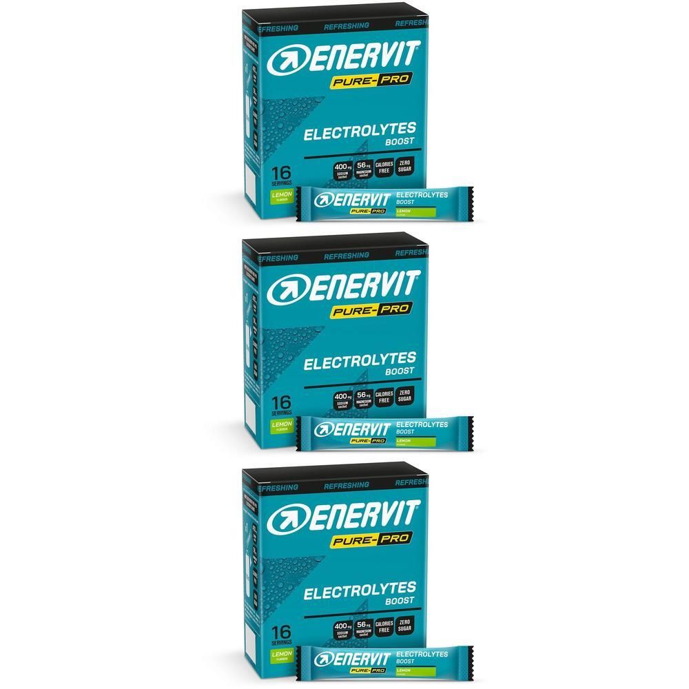 Tre confezioni e bustine di Enervit Pure-Pro Electrolytes Boost gusto limone.