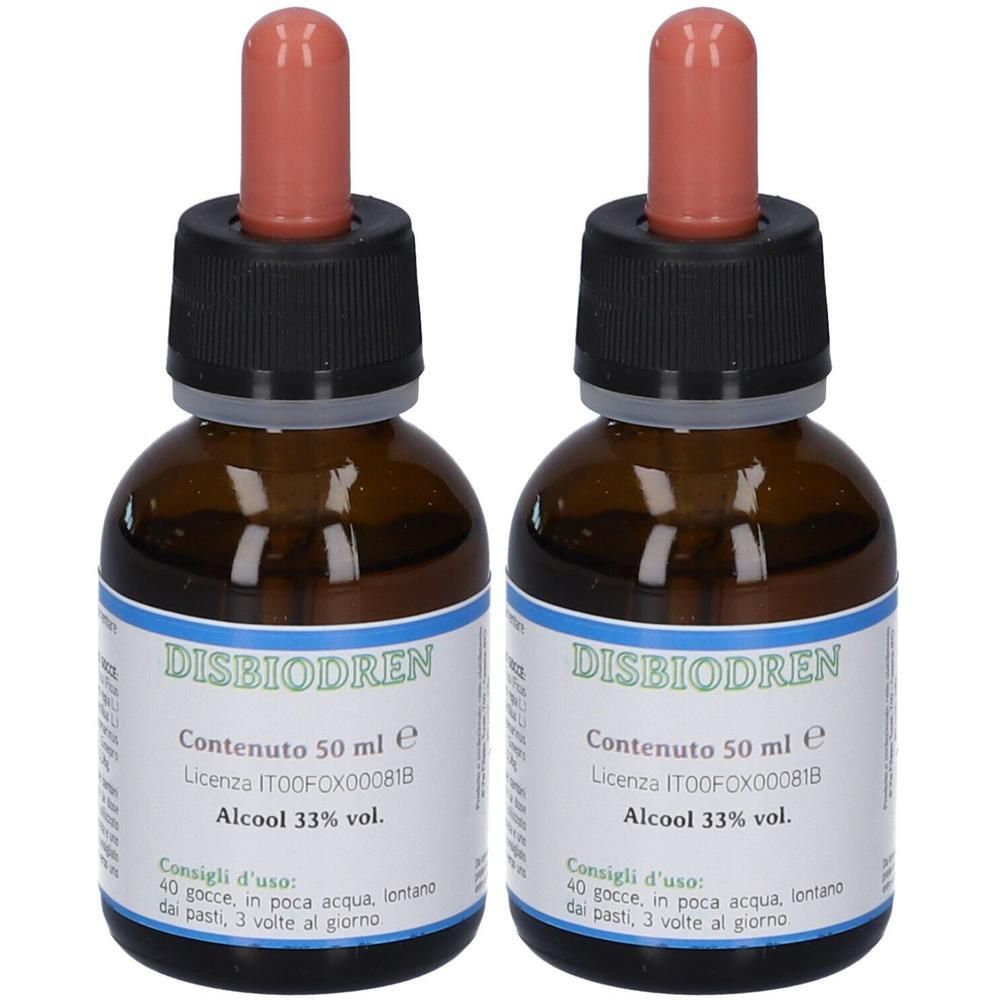 Due flaconi in vetro ambrato con contagocce, etichetta "DISBIODREN", 50 ml, Alcool 33% vol.