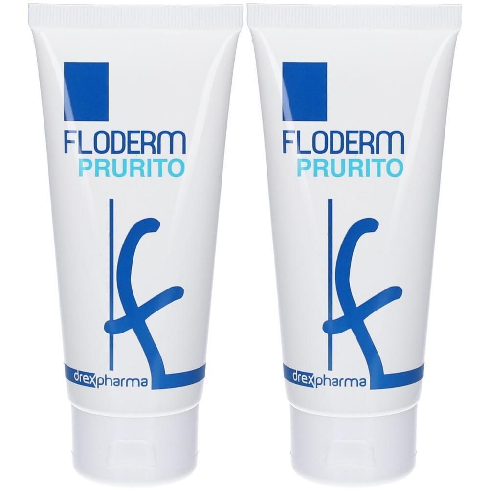 Due tubi bianchi con scritta Floderm Prurito e logo blu.