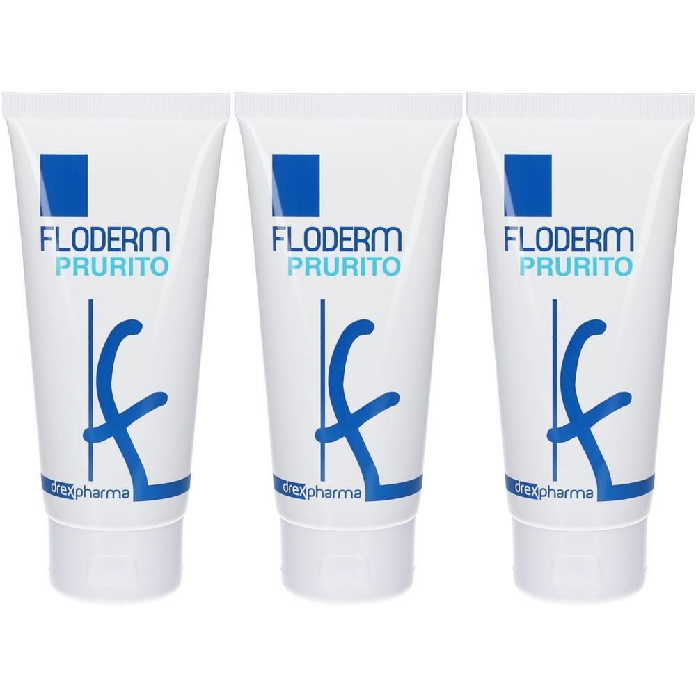 Tre tubetti bianchi con scritta blu "FLODERM PRURITO" e logo blu.