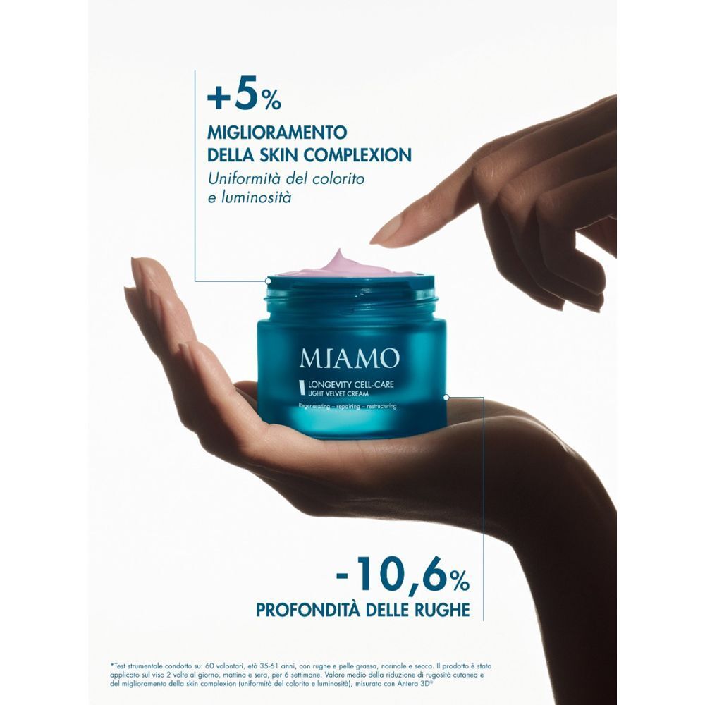 Una mano presenta un vasetto di MIAMO Longevity Cell Care Light Velvet Cream.