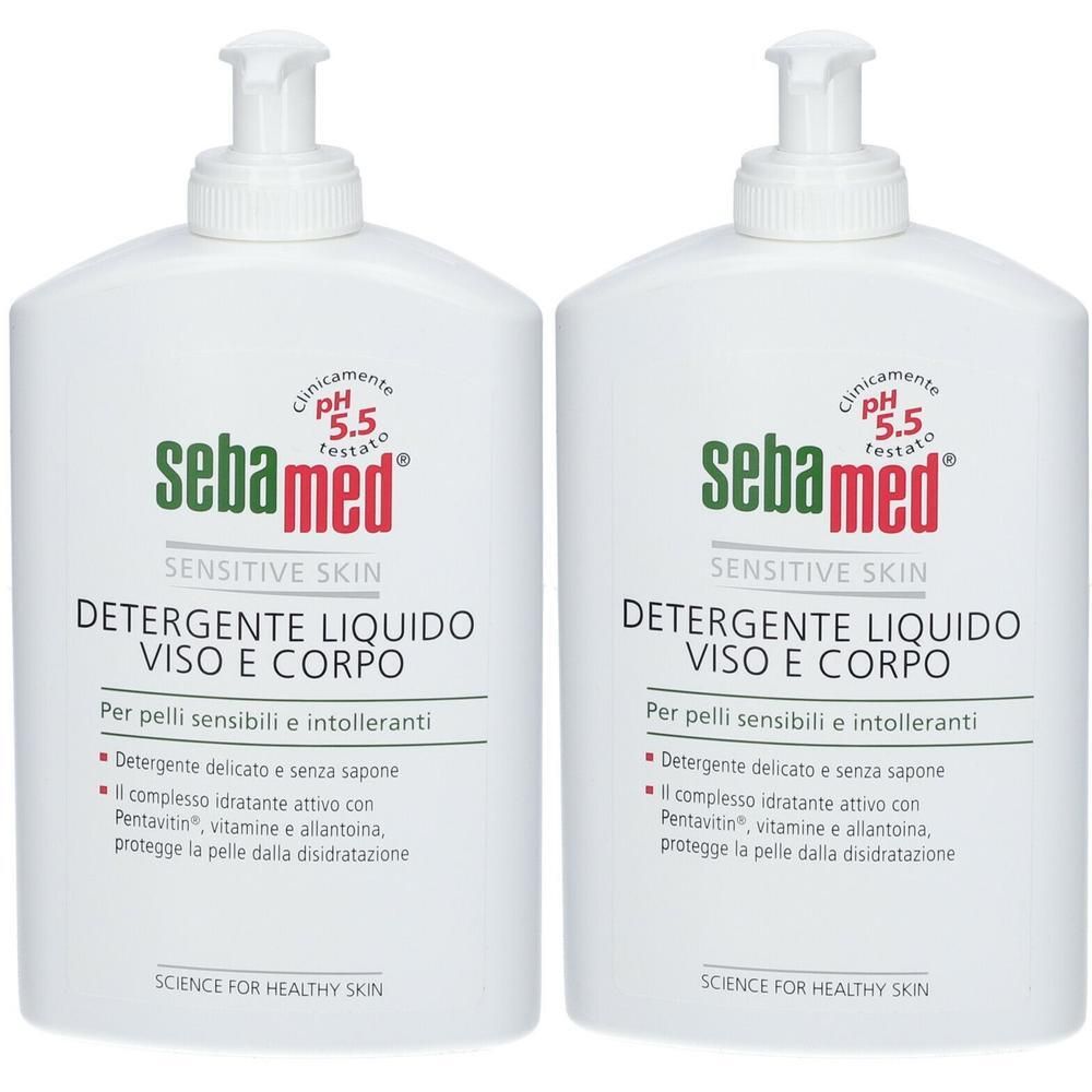 Due flaconi pompa bianchi di detergente liquido Sebamed per viso e corpo, pH 5.5.