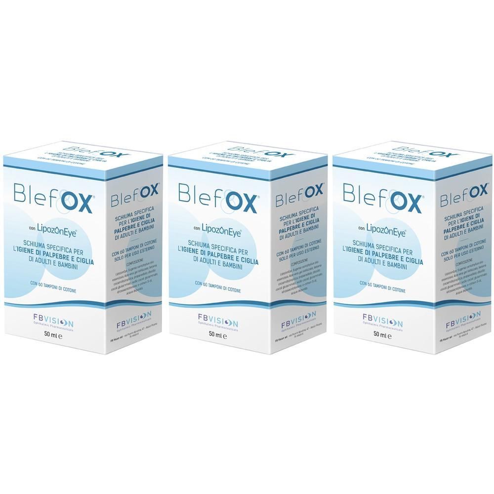 Tre scatole di BlefOX Schiuma Spray con LipozoonEye. Contiene 50ml.