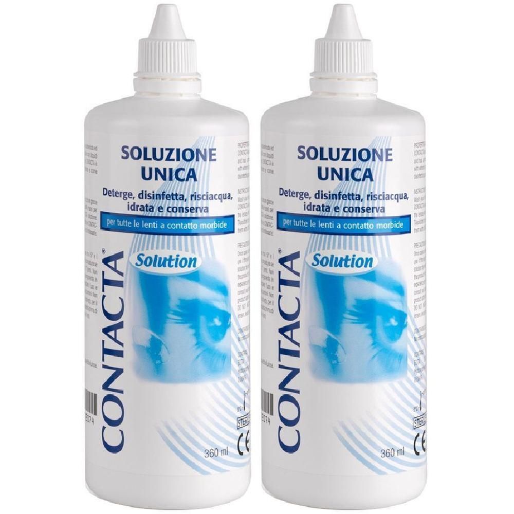 Due flaconi di Contacta® Soluzione Unica per lenti a contatto, 360 ml ciascuno.
