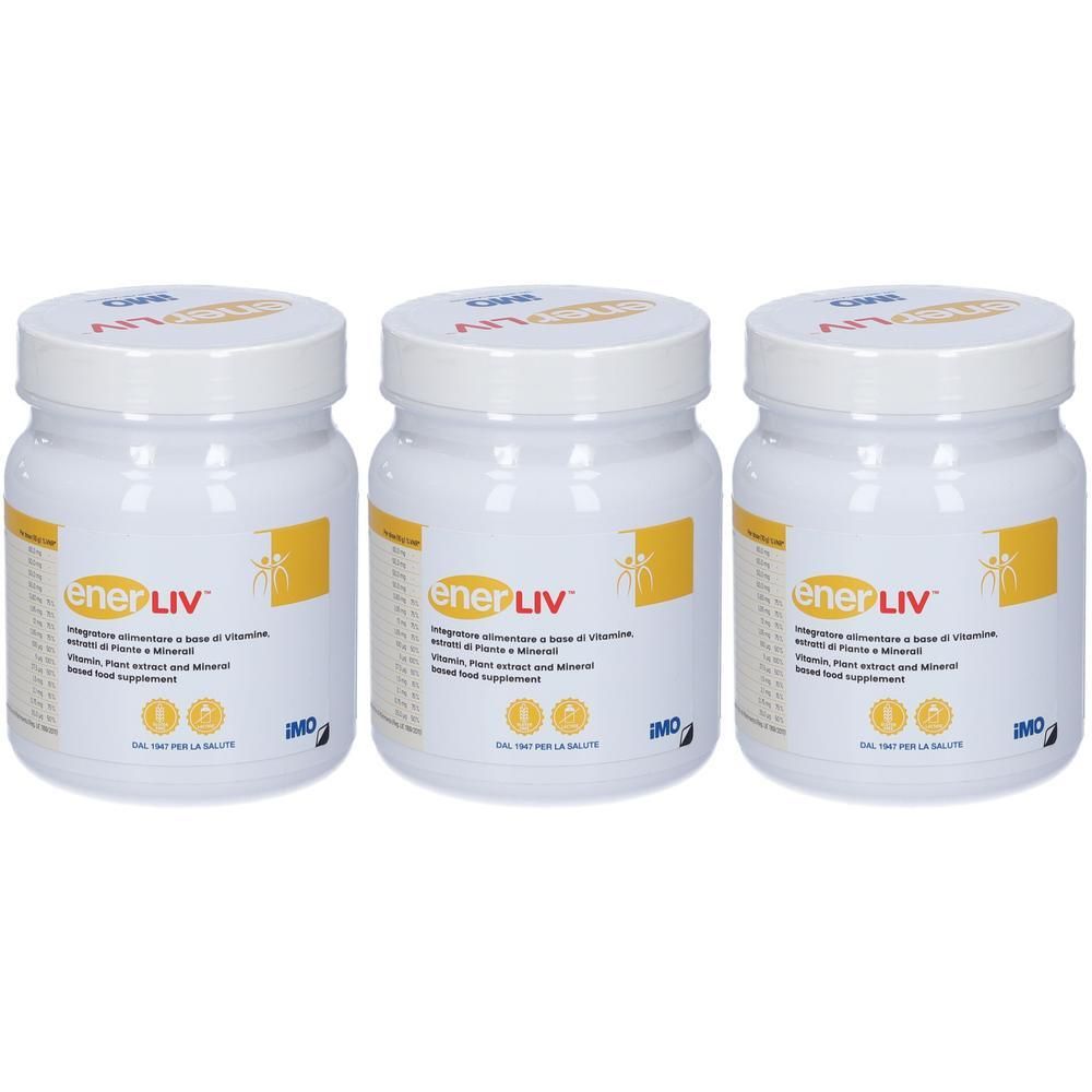 Tre contenitori bianchi con etichetta Enerliv® contenente vitamine, estratti vegetali e minerali.