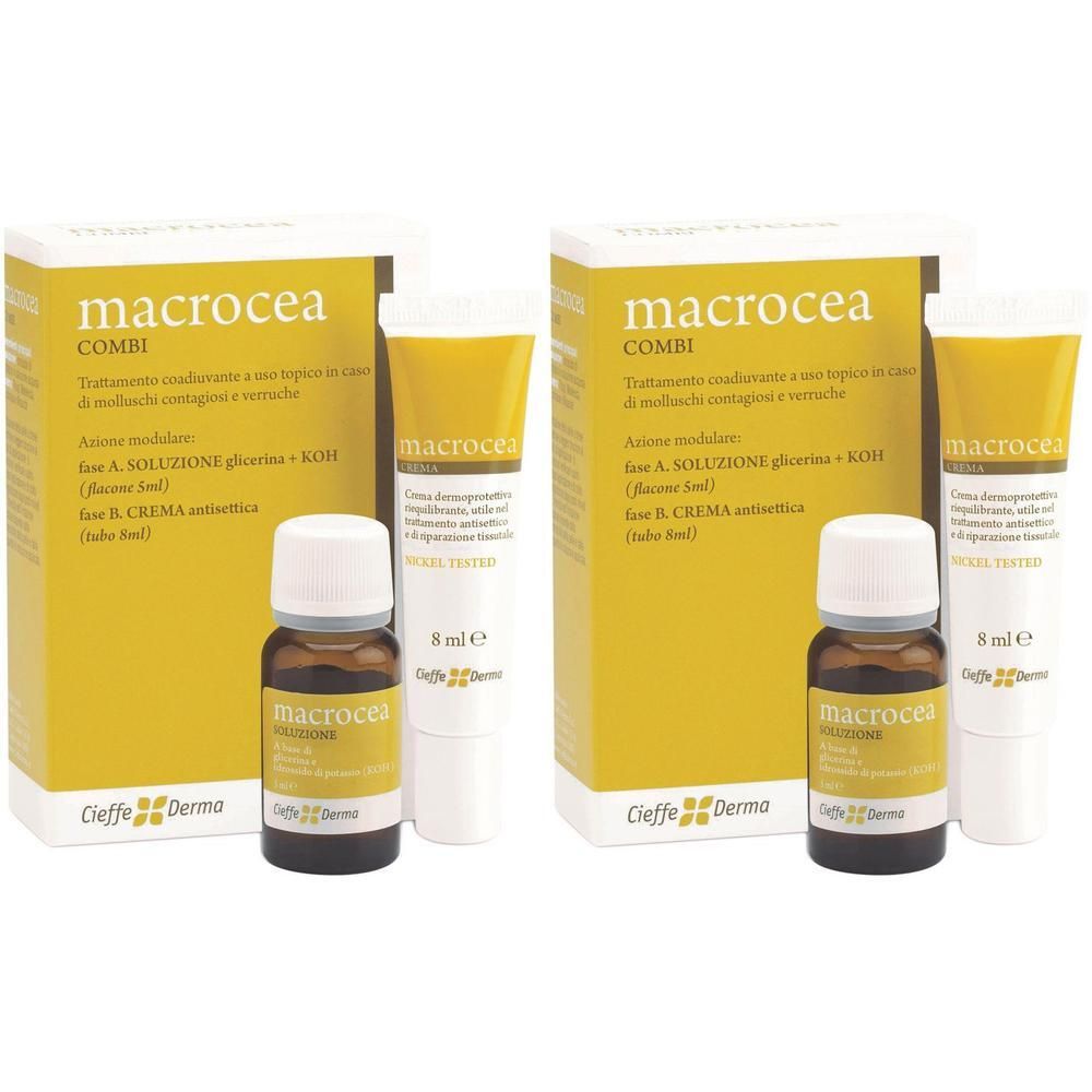 Due confezioni Macrocea Combi, ciascuna con una soluzione da 8 ml e una crema da 8 ml.