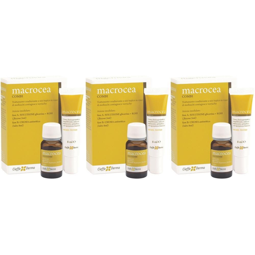 Tre confezioni di Macrocea Combi, ciascuna con soluzione da 5ml e crema da 8ml.