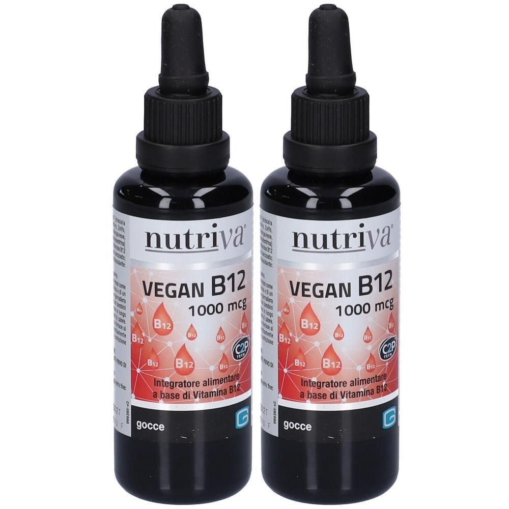 Due flaconi Nutriva Vegan B12 gocce con contagocce. Ogni flacone indica 1000 mcg.