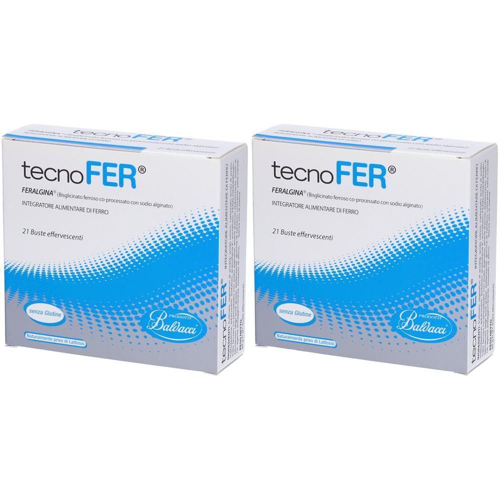 Due confezioni di Tecnofer Effervescente da 21 bustine. Grafica a onde blu.