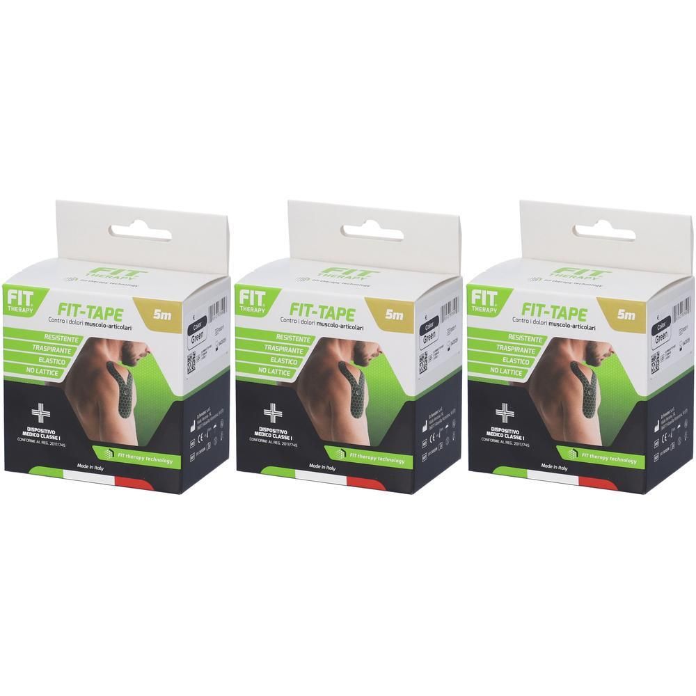 Tre rotoli di Fit Therapy Fit-Tape verdi nelle rispettive confezioni. Ogni scatola mostra un uomo con del tape applicato.