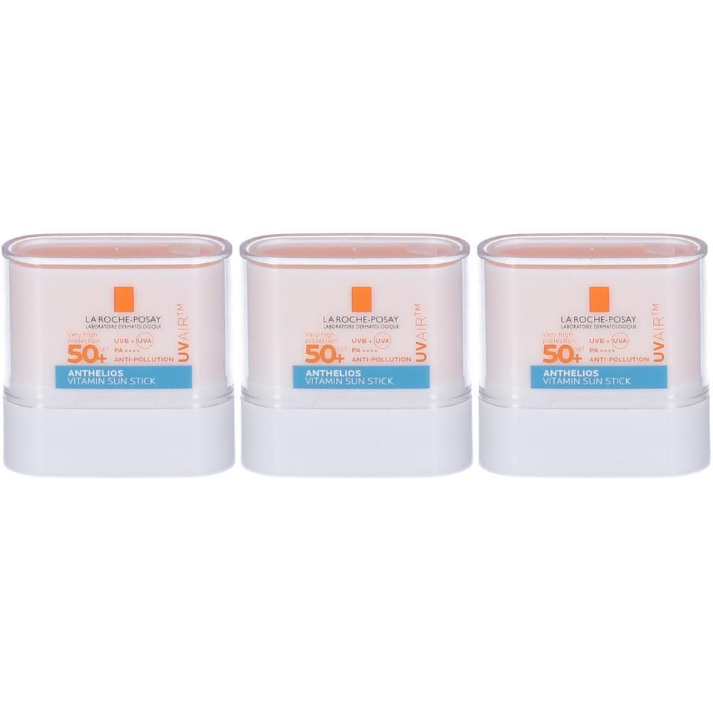 Tre stick solari La Roche-Posay Anthelios UVair SPF 50+ in confezione bianca e trasparente.