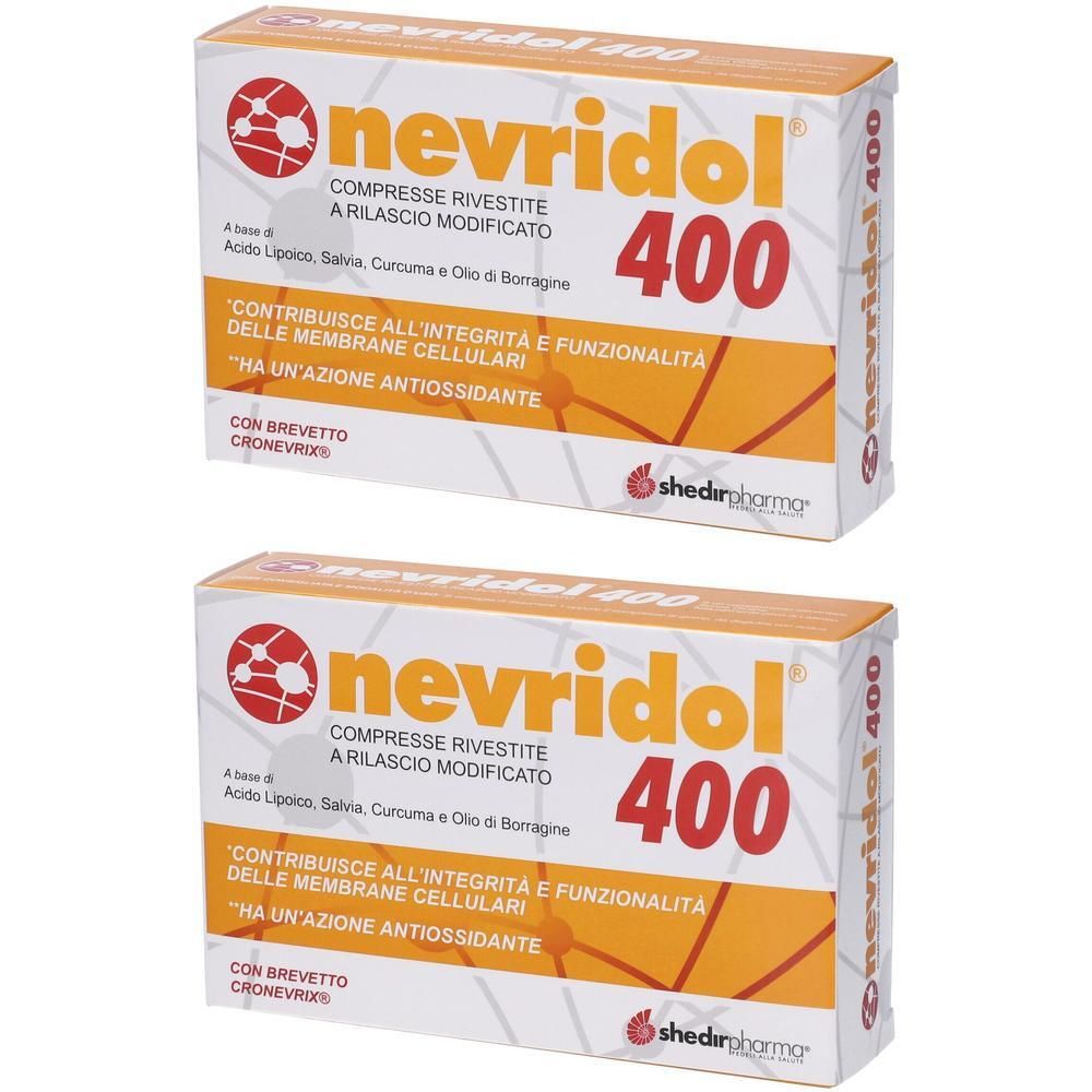Due confezioni di Nevridol 400 compresse rivestite a rilascio modificato. Contiene brevetto Cronvirex.
