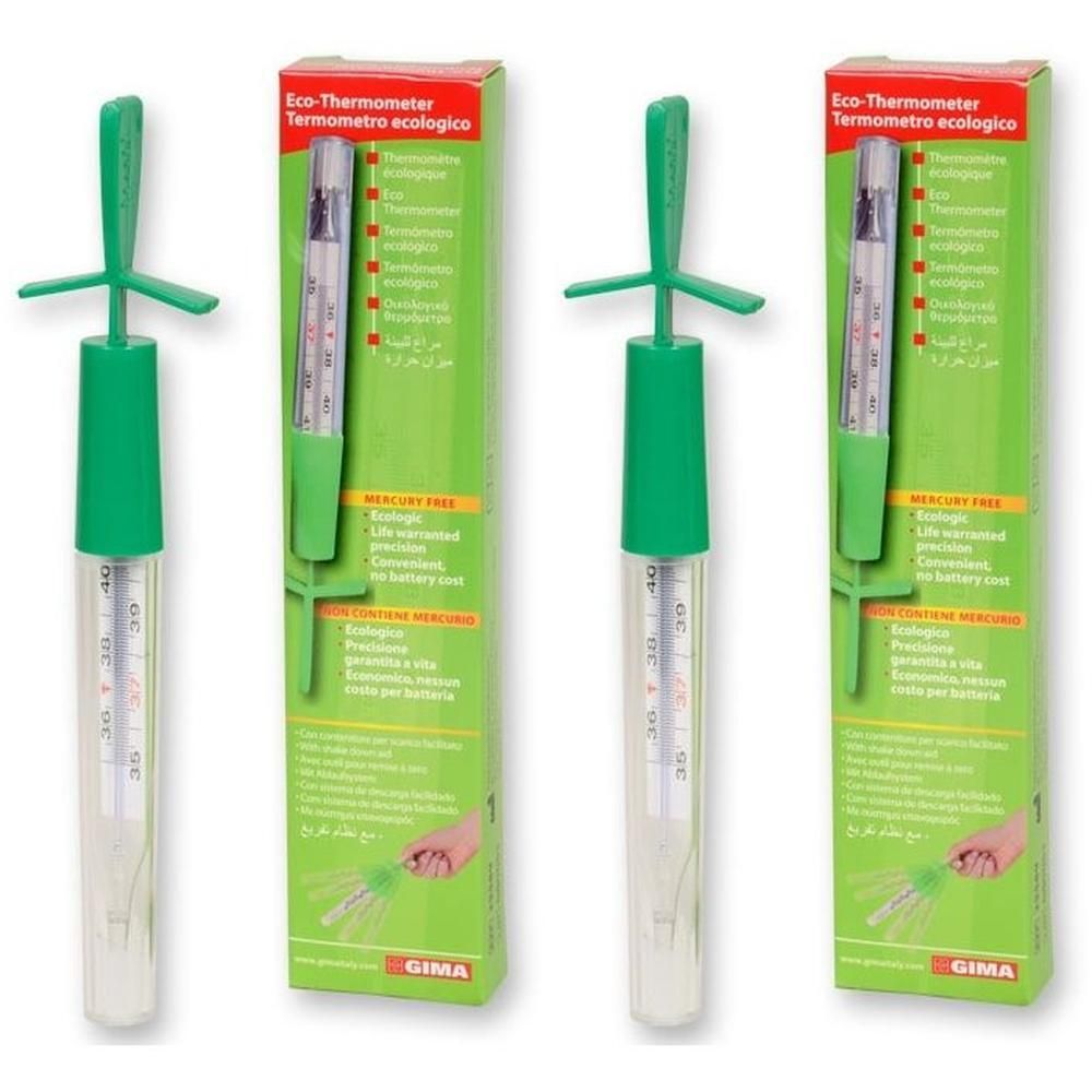 Due termometri ecologici GIMA in confezione verde, con indicazione "Eco-Thermometer".