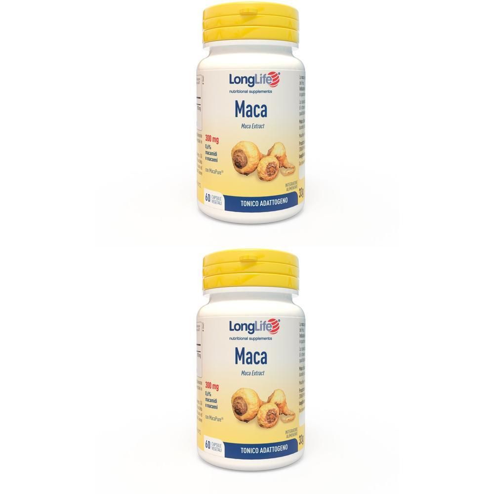 Due flaconi di integratori LongLife Maca con estratto di Maca. Flaconi bianchi con tappi gialli.