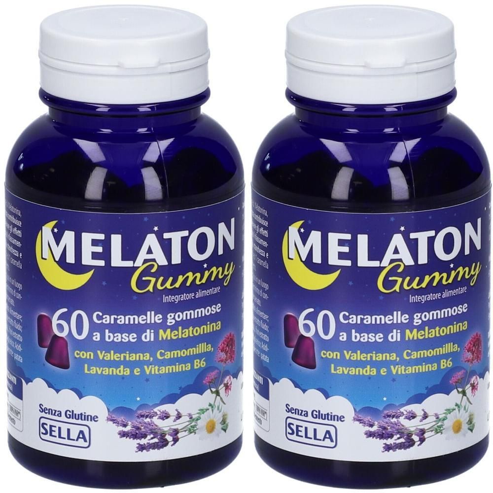 Due flaconi di Melaton Gummy, 60 caramelle gommose per flacone. Senza glutine.
