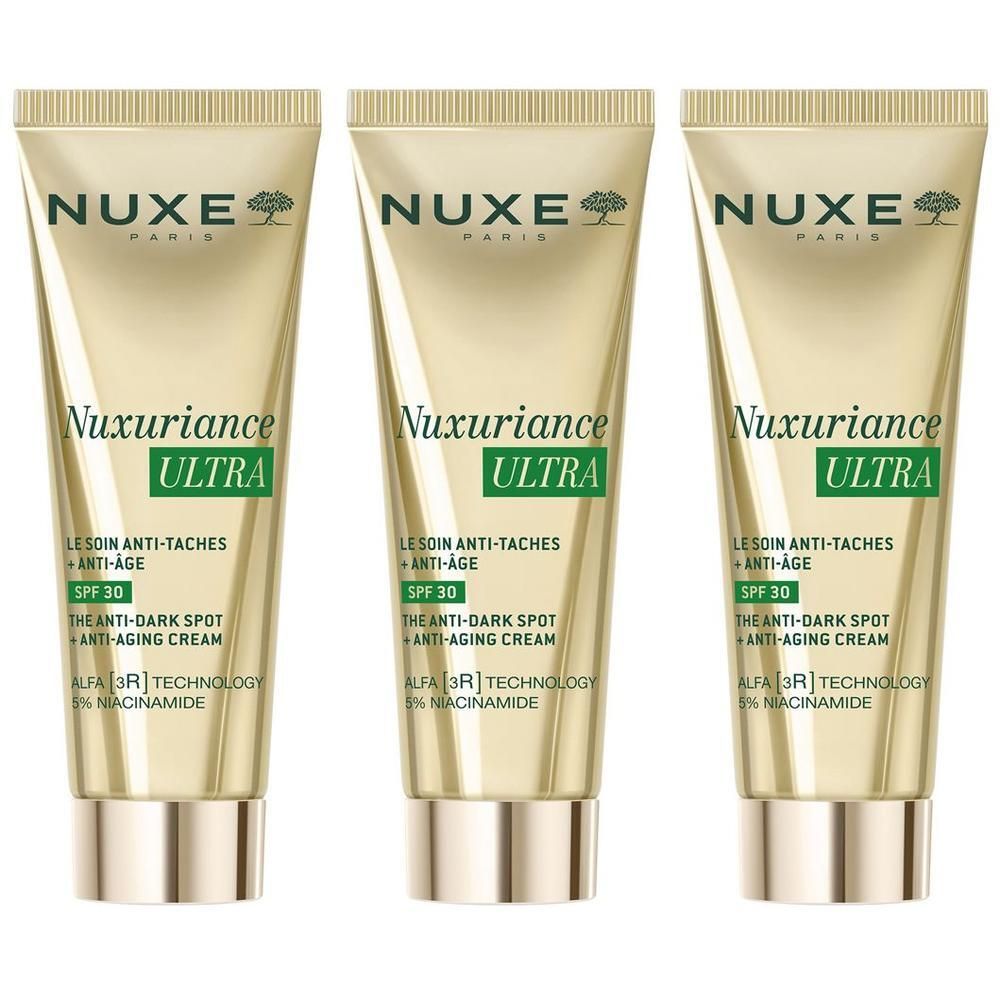 Tre tubi dorati di Nuxe Nuxuriance Ultra Crema Anti-Età SPF 30.