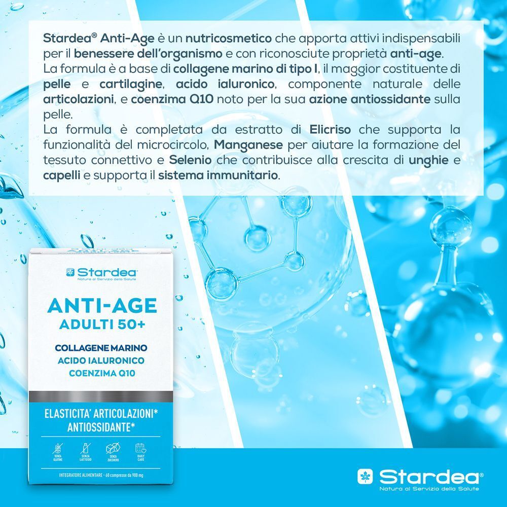 Confezione Stardea Anti-Age su sfondo astratto. Nutricosmetico per il benessere.