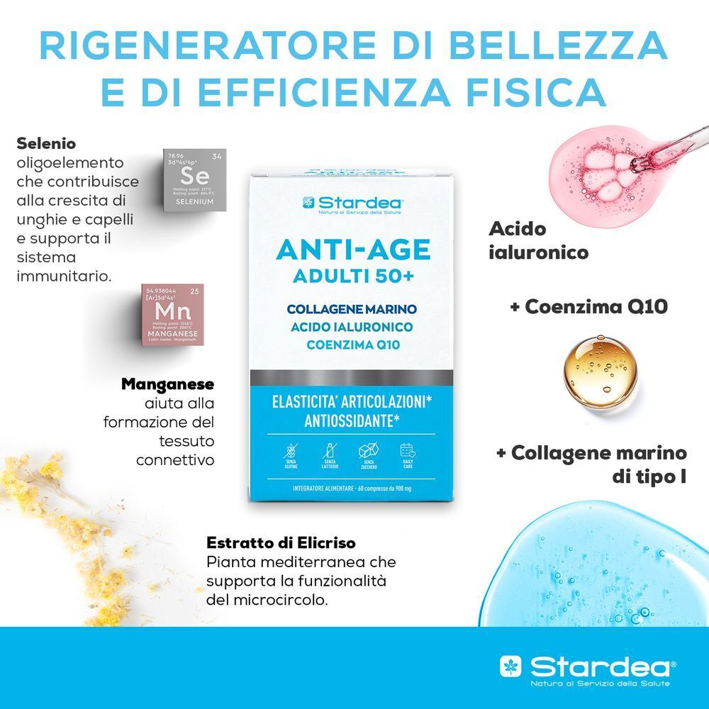 Confezione Stardea Anti-Age con simboli Selenio, Manganese, Acido Ialuronico, Coenzima Q10, Collagene.