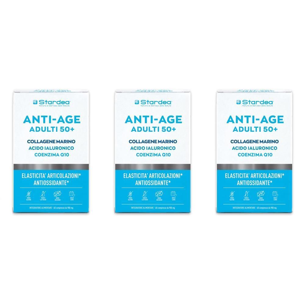 Tre confezioni di Stardea Anti-Age Adulti 50+ con collagene, acido ialuronico e Q10.