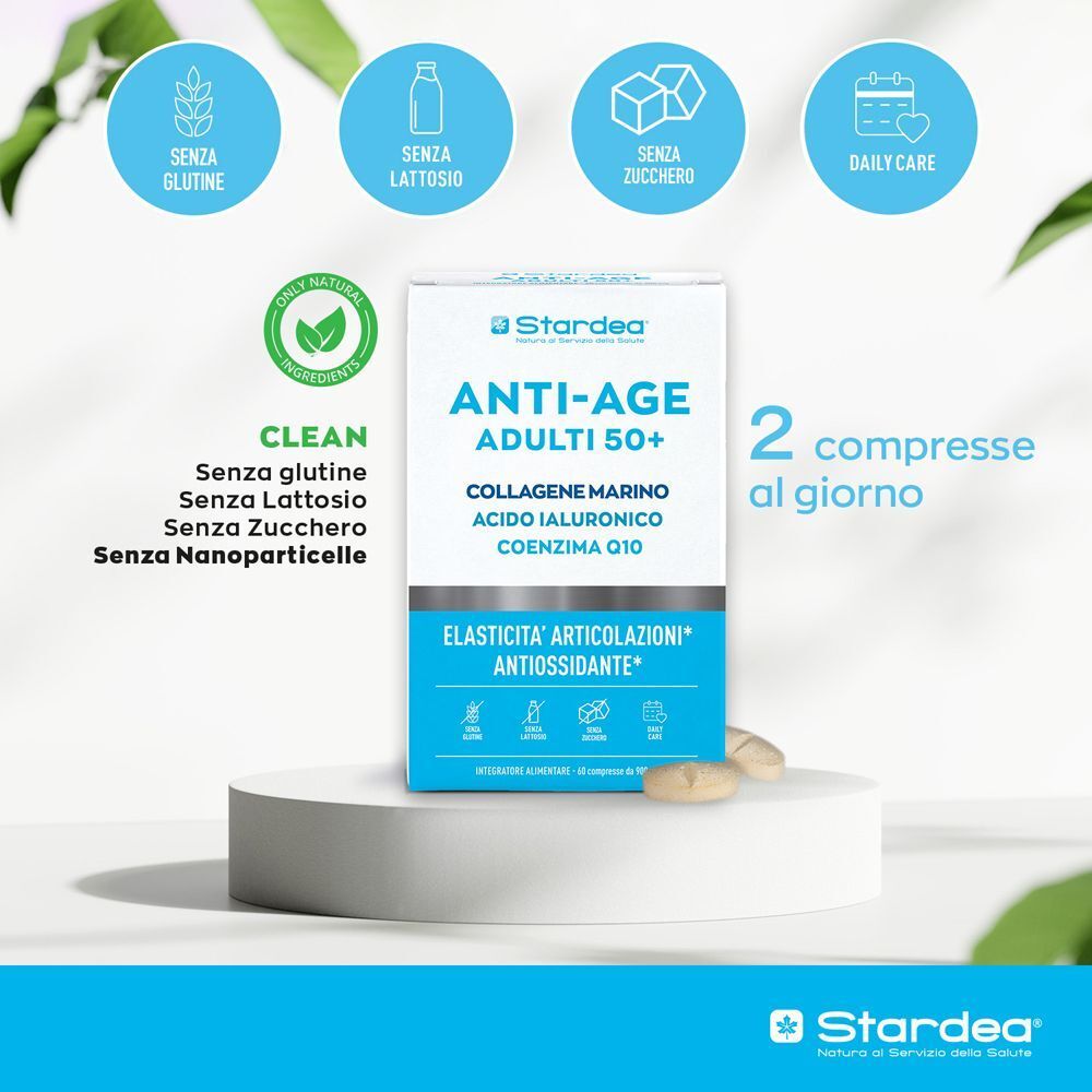 Confezione Stardea Anti-Age su piedistallo, con icone per 'senza glutine', 'senza lattosio', 'senza zuccheri'.