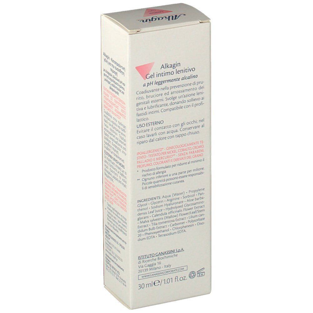 Vista laterale di una confezione di Alkagin Gel Intimo Lenitivo con ingredienti e 30 ml.