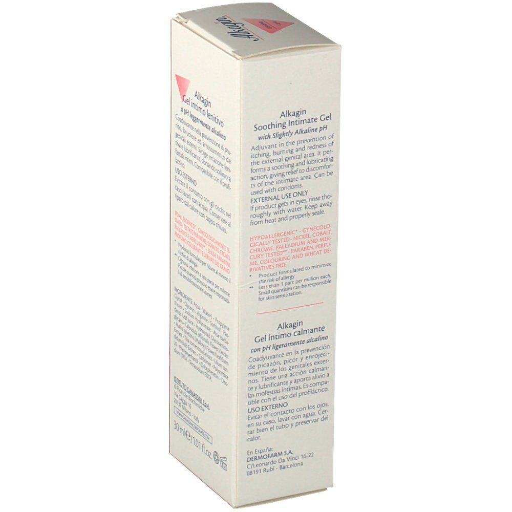 Vista laterale di una confezione di Alkagin Gel Intimo Lenitivo con istruzioni in inglese e francese.