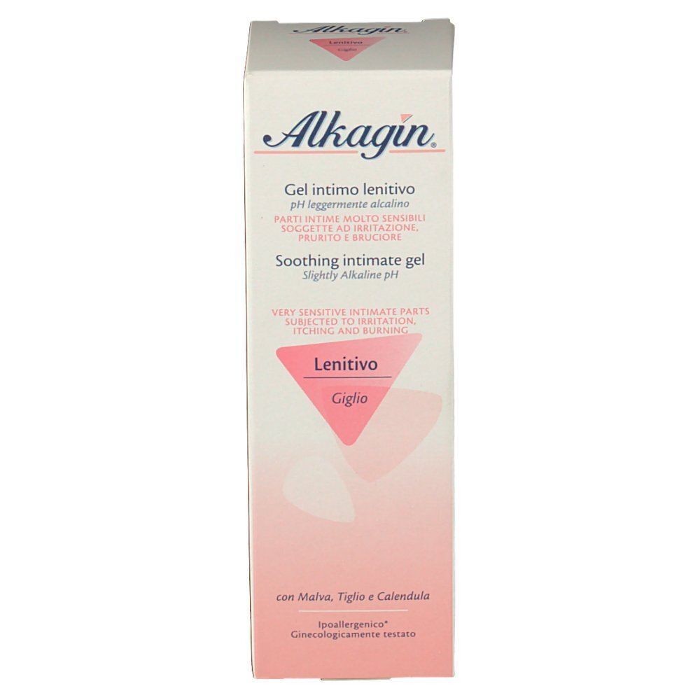 Fronte di una confezione di Alkagin Gel Intimo Lenitivo con scritte 'Lenitivo' e 'Giglio'.