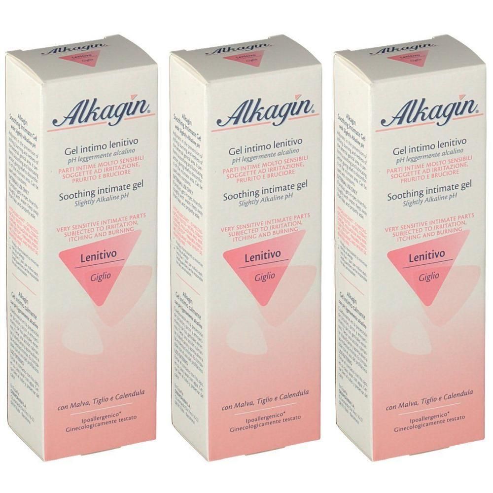 Tre confezioni di Alkagin Gel Intimo Lenitivo, gel intimo lenitivo a pH leggermente alcalino.