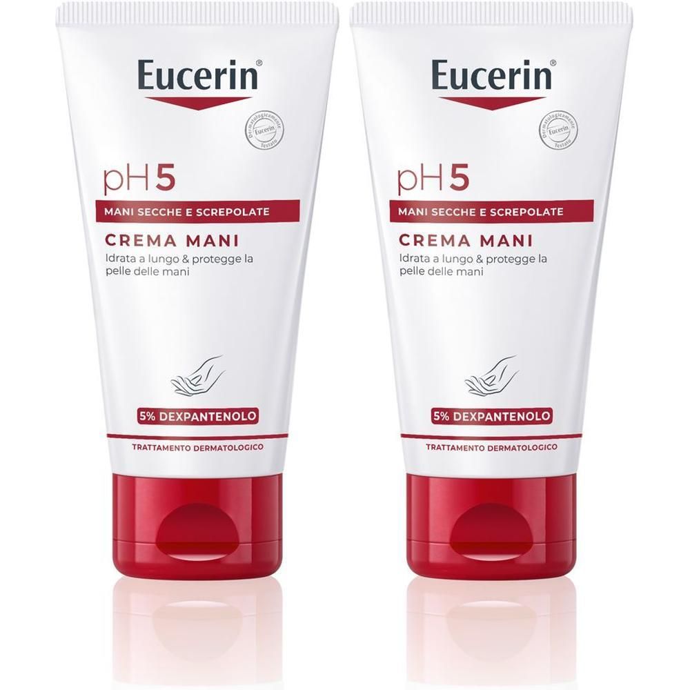 Due tubetti di crema mani Eucerin pH5, con tappo rosso e corpo bianco.
