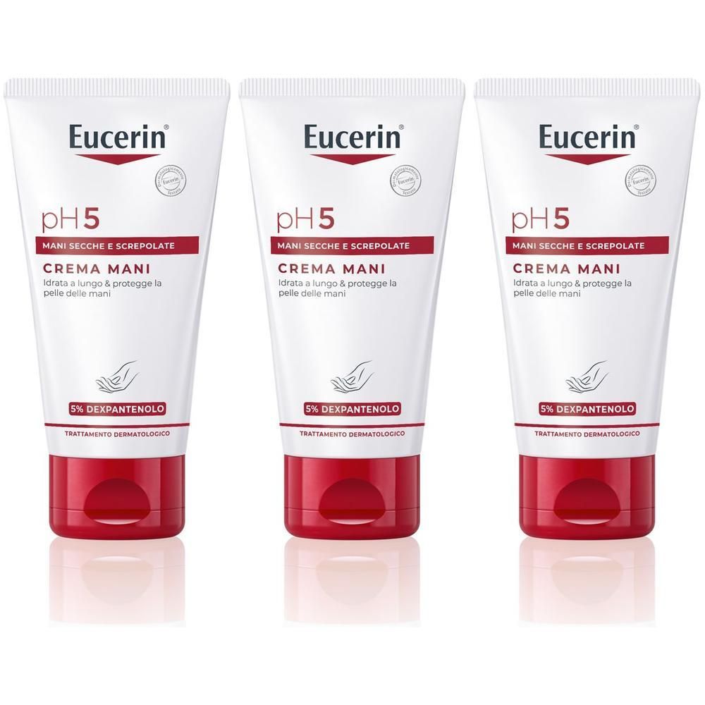 Tre tubetti di Eucerin pH5 Crema Mani con tappo a scatto rosso.