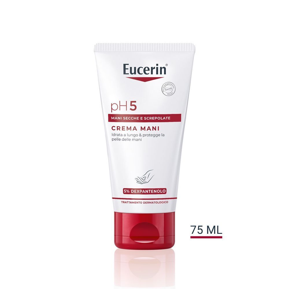 Tubetto di Eucerin pH5 Crema Mani con tappo a scatto rosso e indicazione di 75 ML.