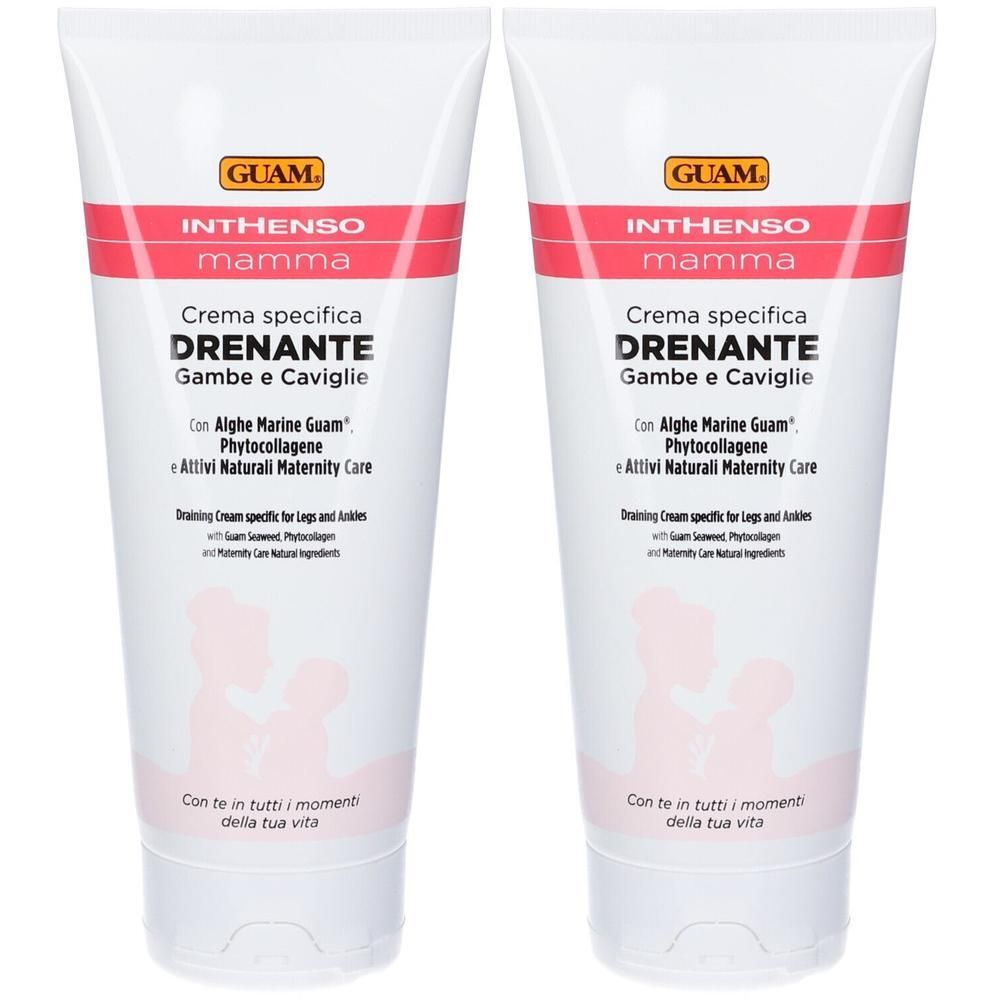 Due tubi di Guam "Inthenso Mamma" Crema specifica Drenante per Gambe e Caviglie. Con Alpha Marine Guam Phytocollagene.