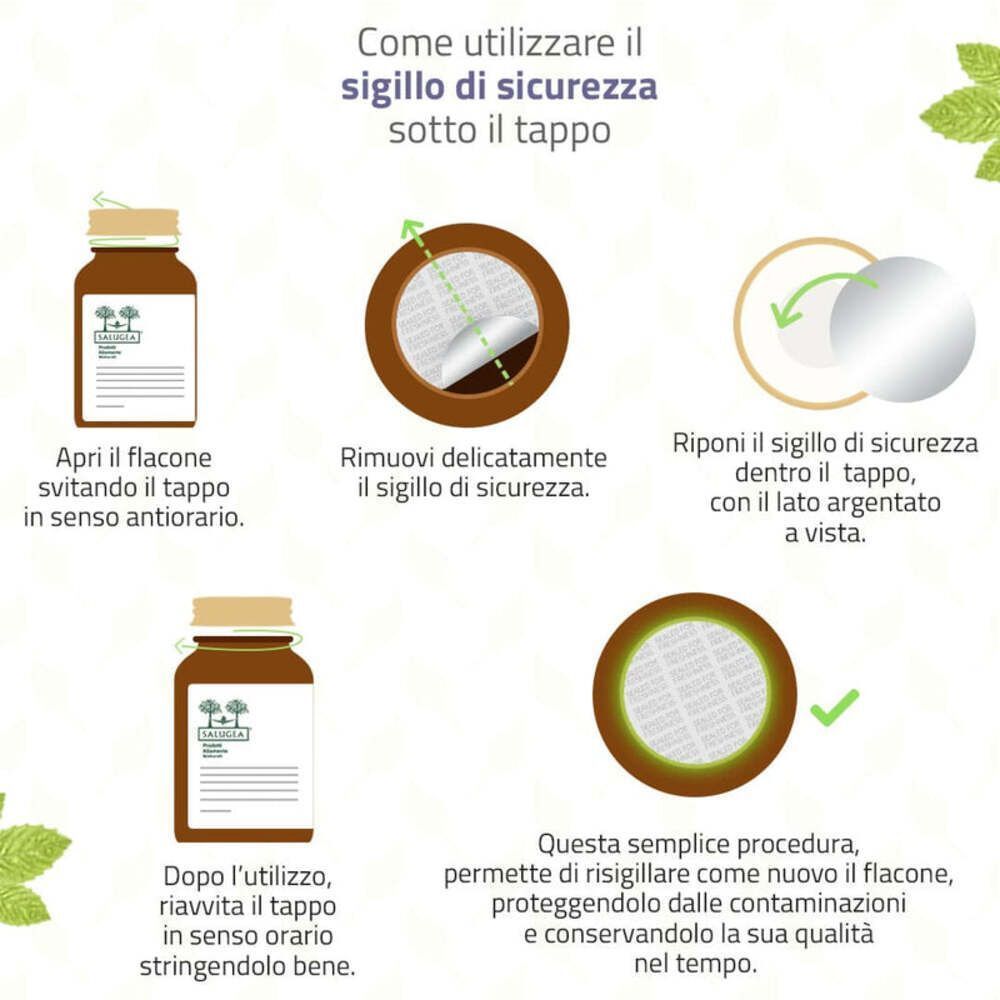 Istruzioni su come utilizzare il sigillo di sicurezza sotto il tappo di Memosan Salugea.