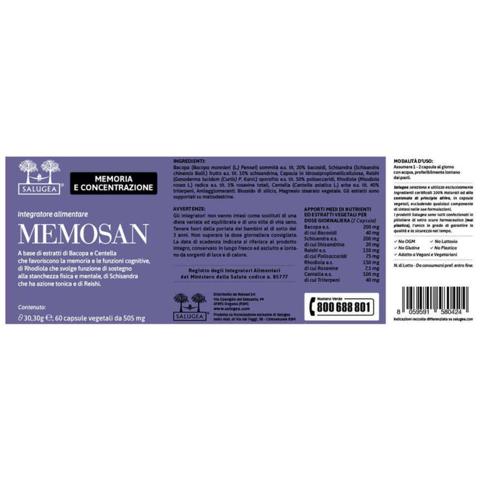 Retro della confezione di Memosan Salugea con elenco ingredienti, informazioni nutrizionali e contatti.
