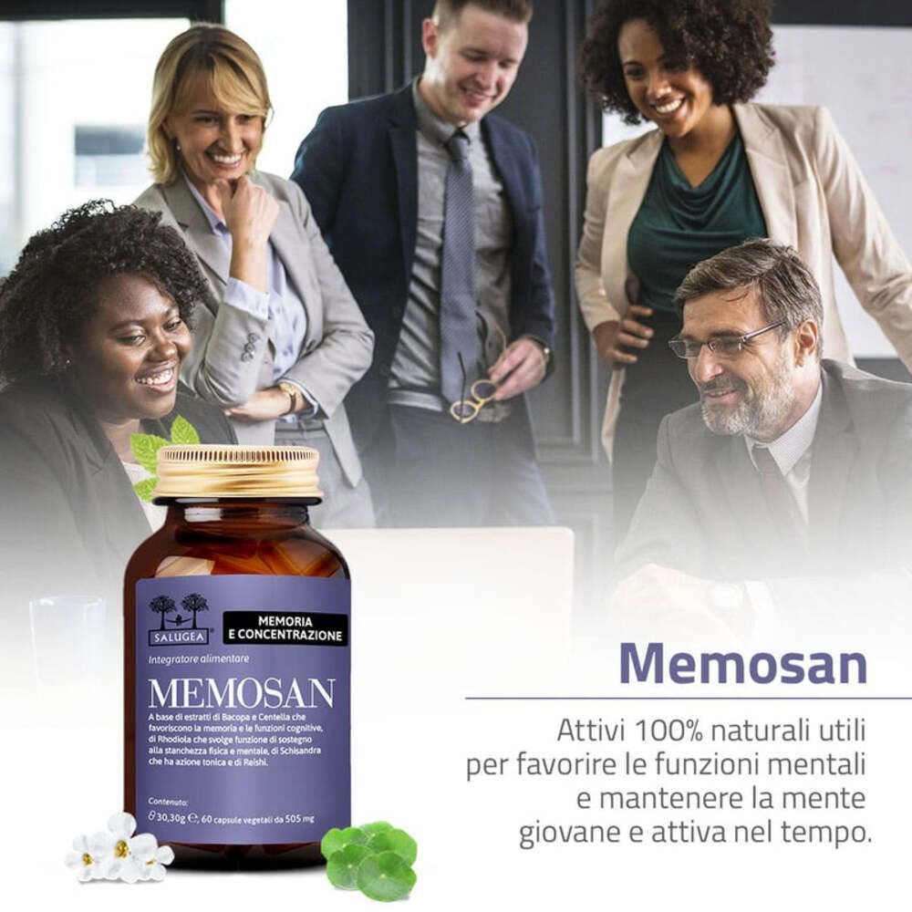 Flacone Memosan Salugea davanti a un gruppo di professionisti sorridenti. Attivi naturali per la forma mentale.