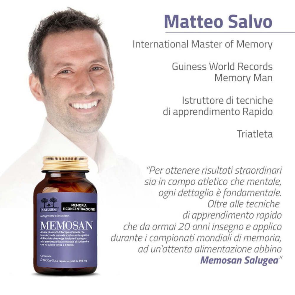 Ritratto di Matteo Salvo, esperto di memoria, con flacone Memosan Salugea e citazione.