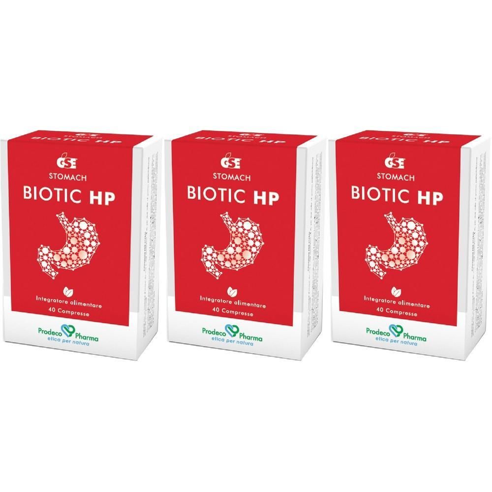Tre scatole di GSE BIOTIC•HP con immagine dello stomaco e informazioni sul prodotto.