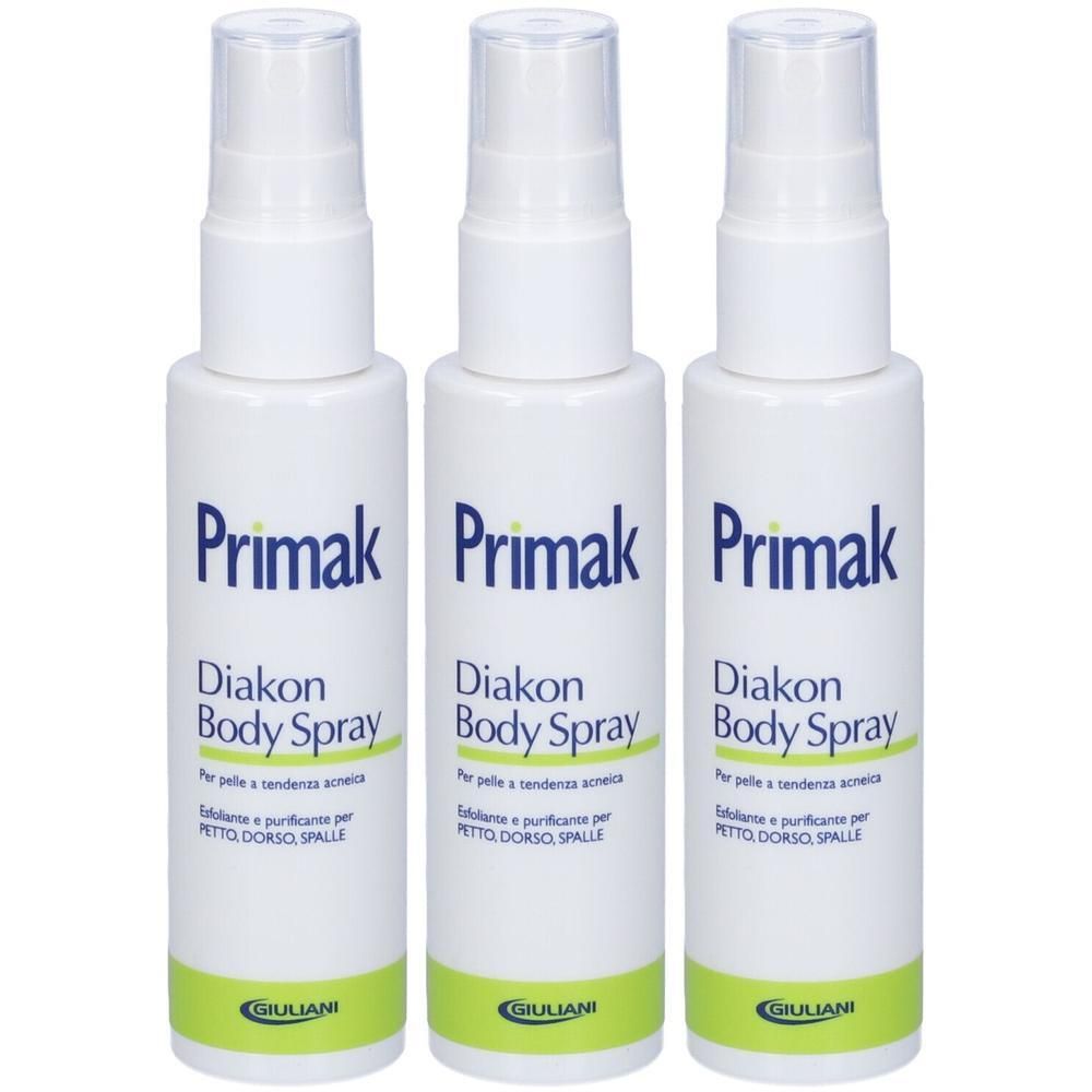 Tre flaconi spray bianchi con scritta 'Primak Diakon Body Spray'.