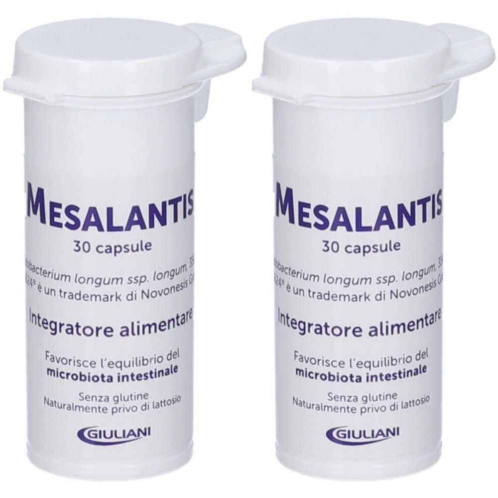 Due contenitori da 30 capsule "Mesalantis". Contenitori bianchi con etichetta blu.