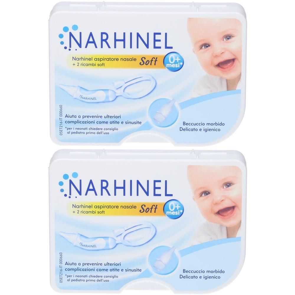 Due confezioni di aspiratore nasale Narhinel Soft, 0+ mesi, con 2 ricambi morbidi ciascuna.