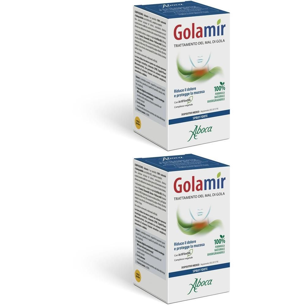 Due confezioni di Golamir Spray Forte. Scatola in cartone con informazioni sul prodotto e logo del marchio.